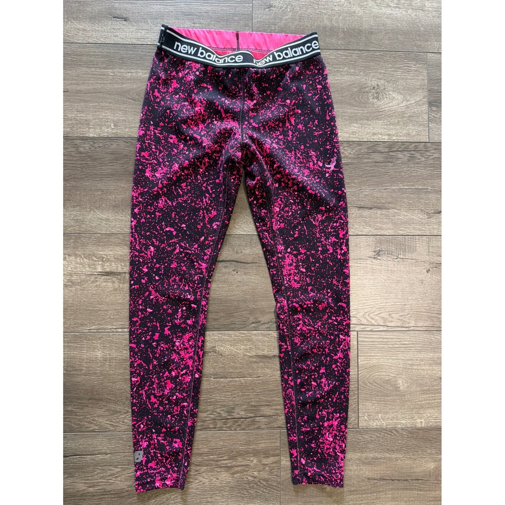 New‎ Balance Breast Cancer Pink Ribbon Splatter Print Leggings Black Pink Medium